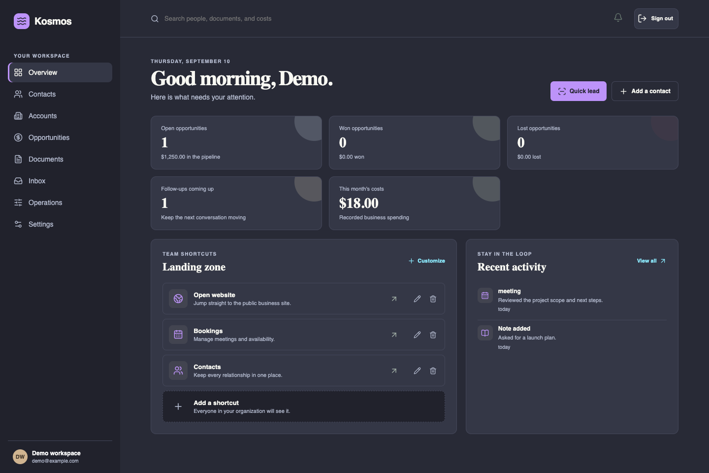 Kosmos demo workspace showing opportunities, follow-ups, business costs, and recent activity.